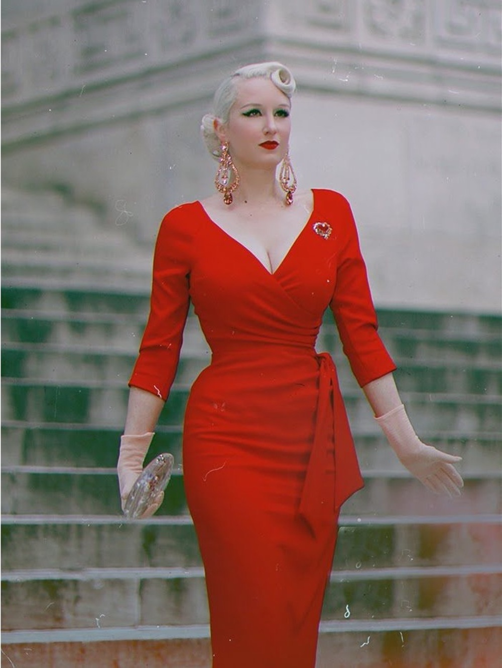 The Pretty Dress Company Red V-Neck Faux Wrap Midi Dress Vintage Made in UK UK10